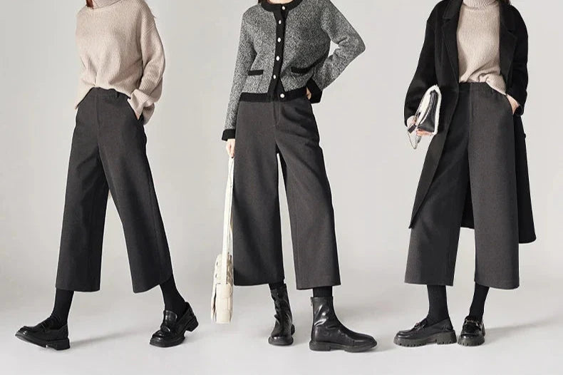 Wide Leg Wool Blend Pants with High-Waist Elastic Design and Ankle-Length Fit