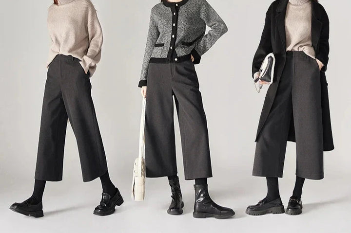 Wide Leg Wool Blend Pants with High-Waist Elastic Design and Ankle-Length Fit