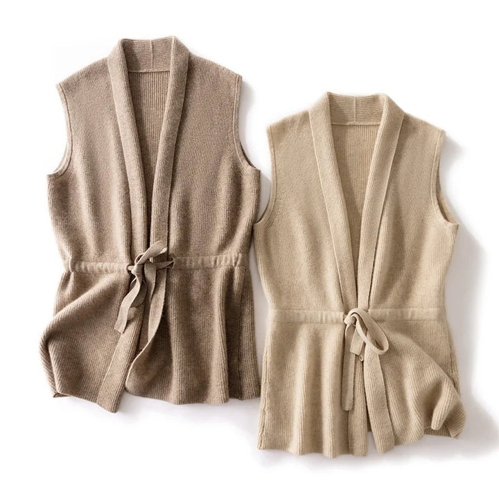 Merino Wool and Cashmere Blend Knit Vest with Adjustable Waist Tie and Slim Fit