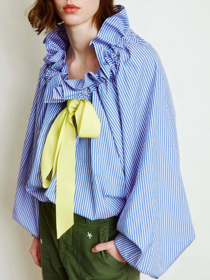 Ruffled Collar Blouse with Oversized Bow Tie and Lantern Sleeves, Checkered Print