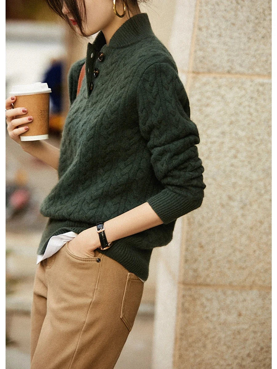 Cable-Knit Sweater with Cashmere Blend, Button-Up Stand Collar and Snug Fit