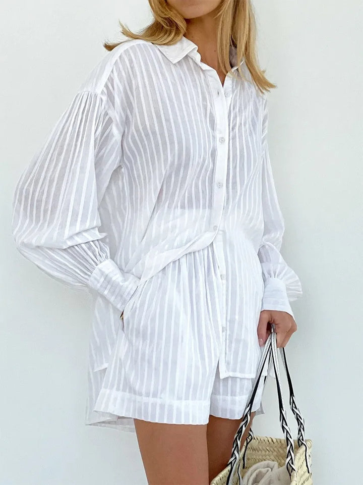Button-Down Shirt and Shorts Set with Relaxed Oversized Fit in Lightweight Cotton-Blend Fabric