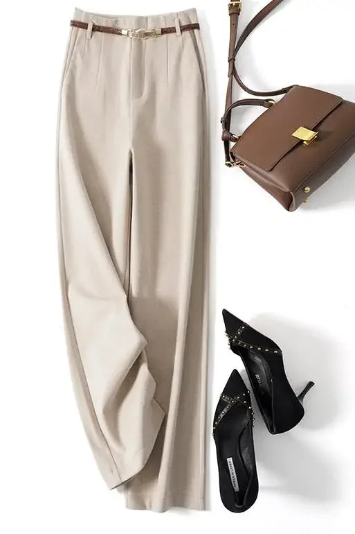 Wide Leg Wool Blend Trousers with High-Waist Fit, Tailored Crease, and Matching Belt