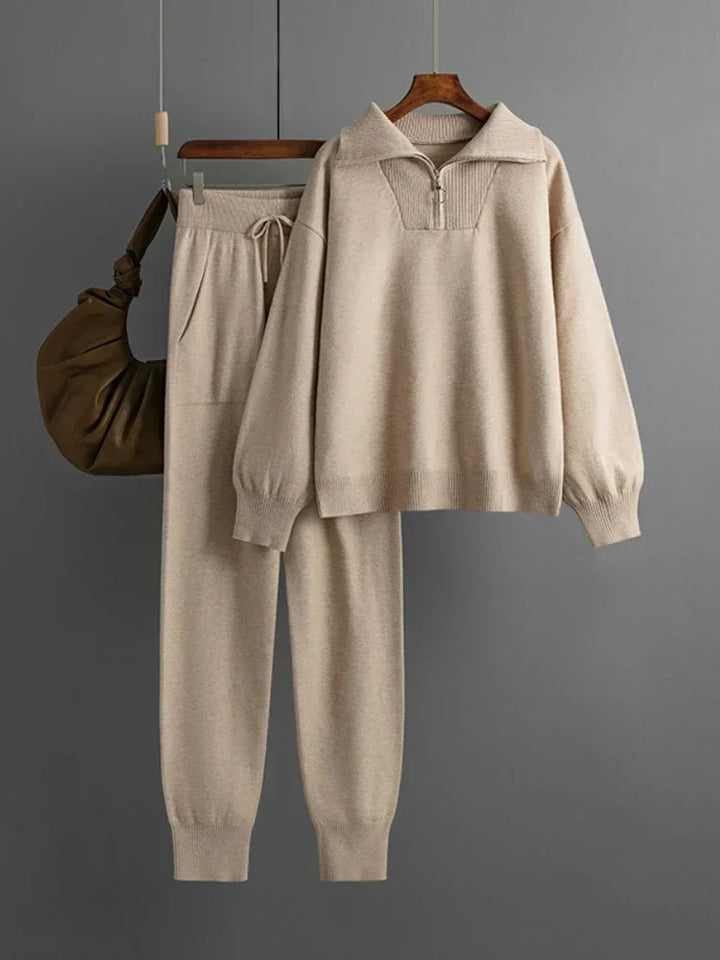 Half-Zip Knit Two-Piece Lounge Set with Elastic-Waist Pants and Soft Ribbed Texture in Peach