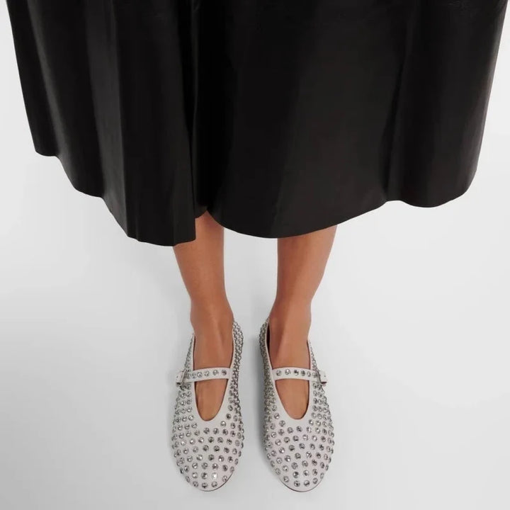Mary Jane Flats with Crystal-Studded Leather Upper and Adjustable Ankle Strap