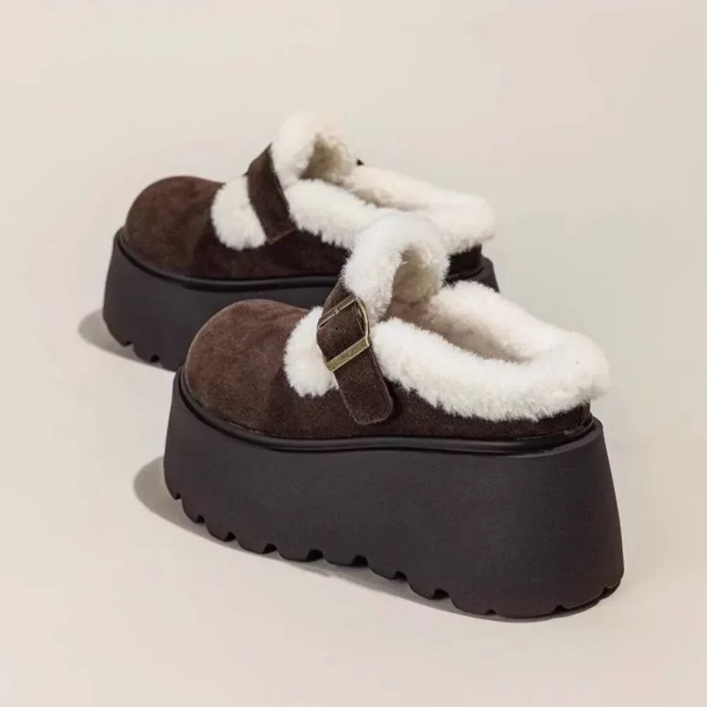Suede Platform Clogs with Shearling Lining, Adjustable Buckle Strap and Cushioned Sole