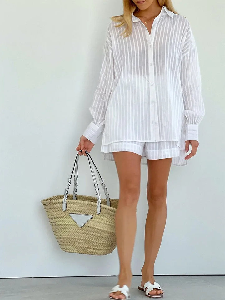 Button-Down Shirt and Shorts Set with Relaxed Oversized Fit in Lightweight Cotton-Blend Fabric