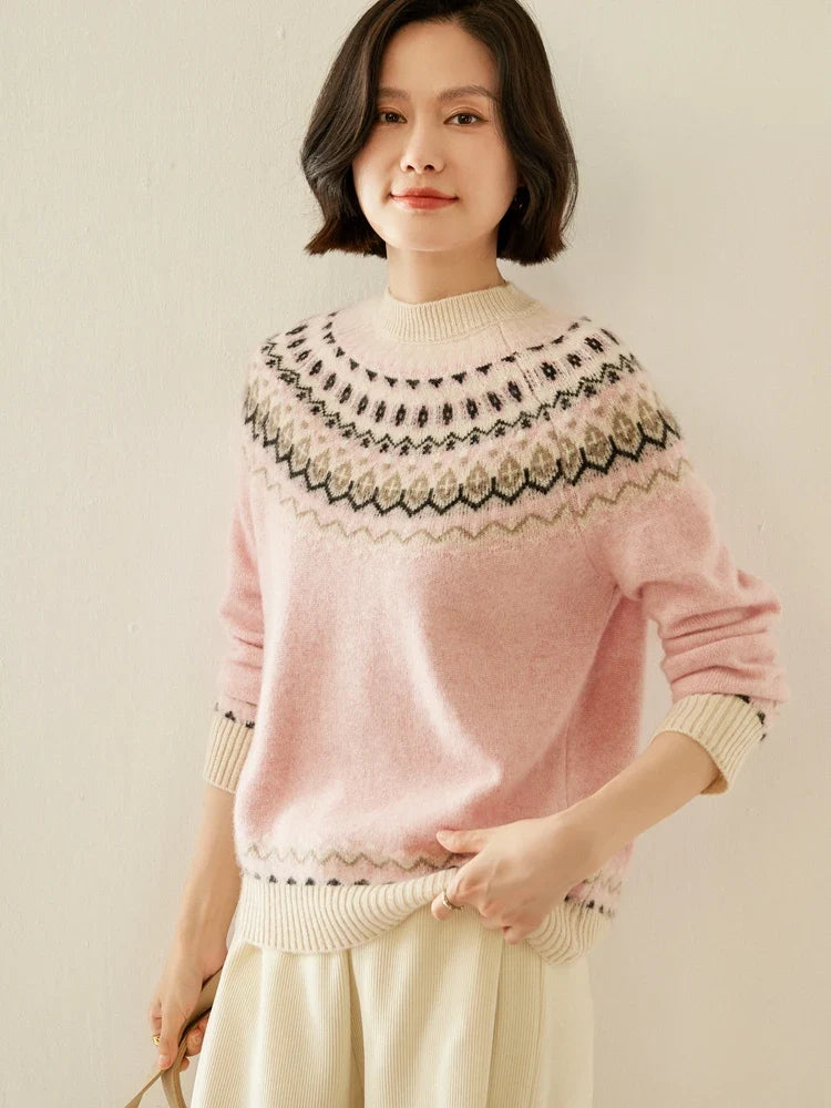 Fair Isle Jacquard Mock Neck Sweater in Cashmere-Soft Knit, Camel Colorway