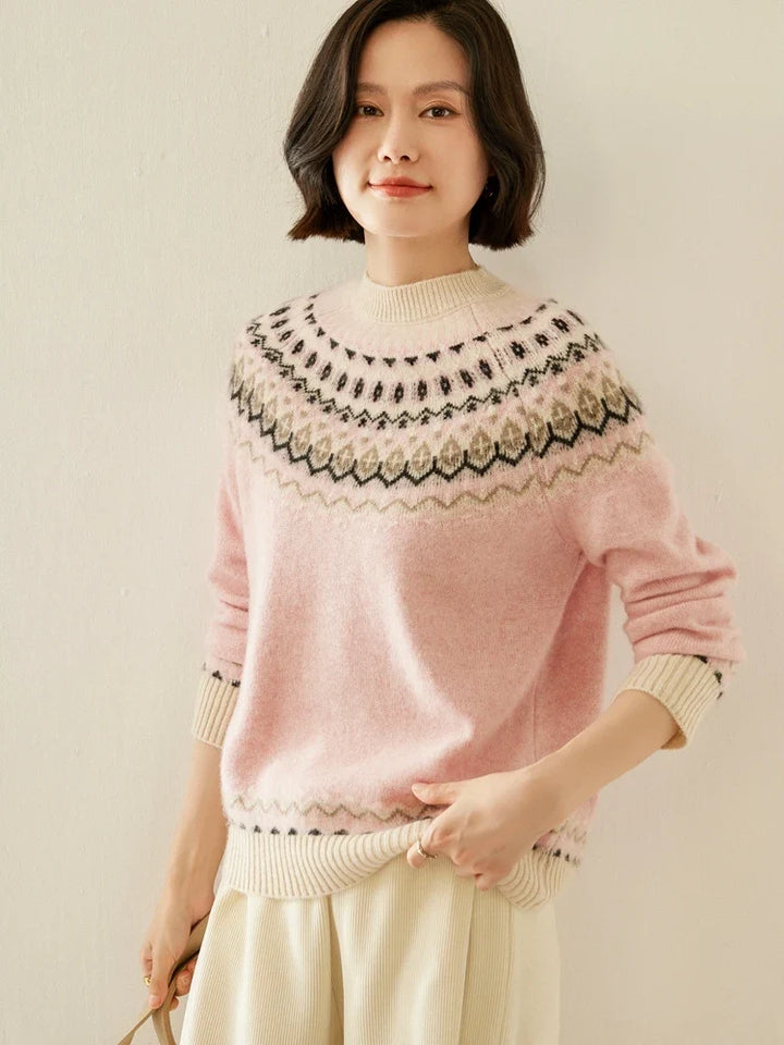Fair Isle Jacquard Mock Neck Sweater in Cashmere-Soft Knit, Camel Colorway