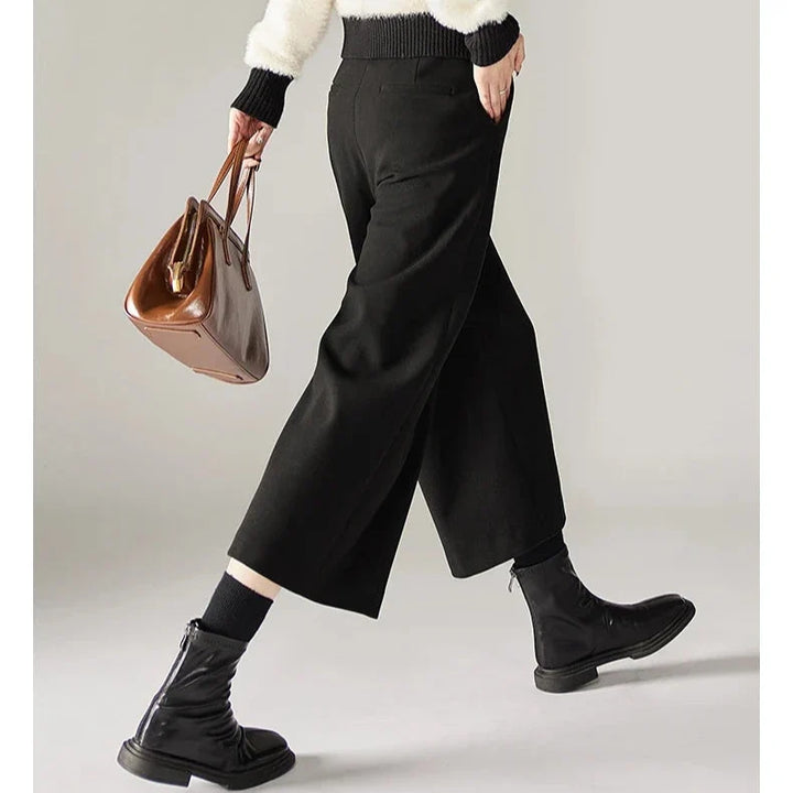 Wide Leg Wool Blend Pants with High-Waist Elastic Design and Ankle-Length Fit