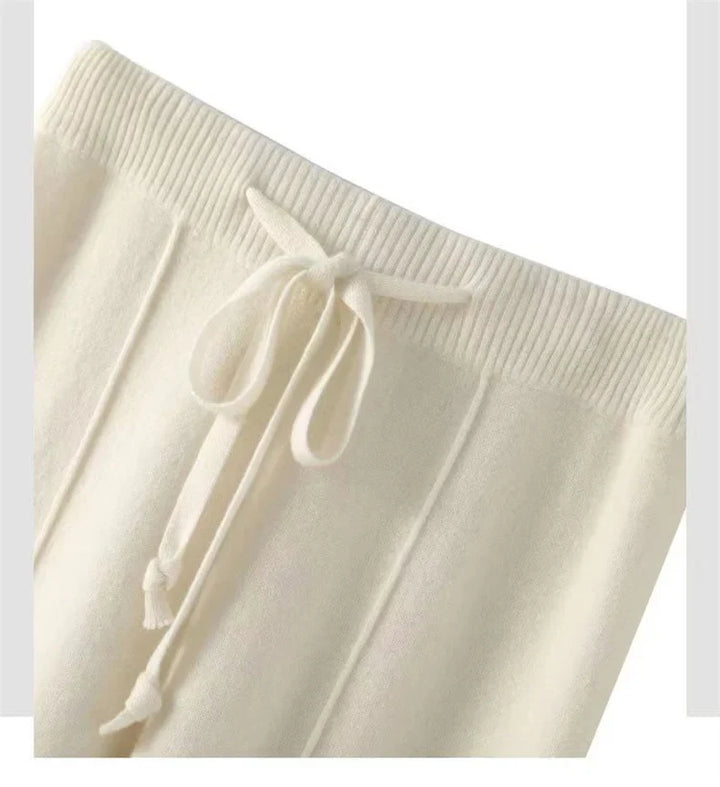 Wide-Leg Merino Wool Trousers with High-Waist Elastic Drawstring Waistband