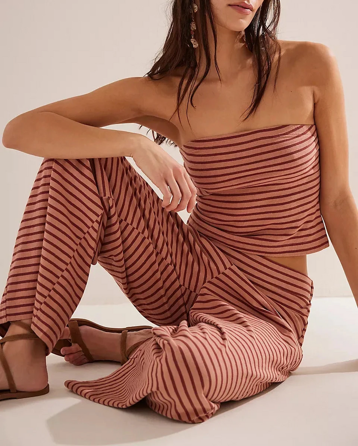 Striped Cotton-Linen Two-Piece Set with Fitted Bandeau Top and Relaxed Wide-Leg Pants