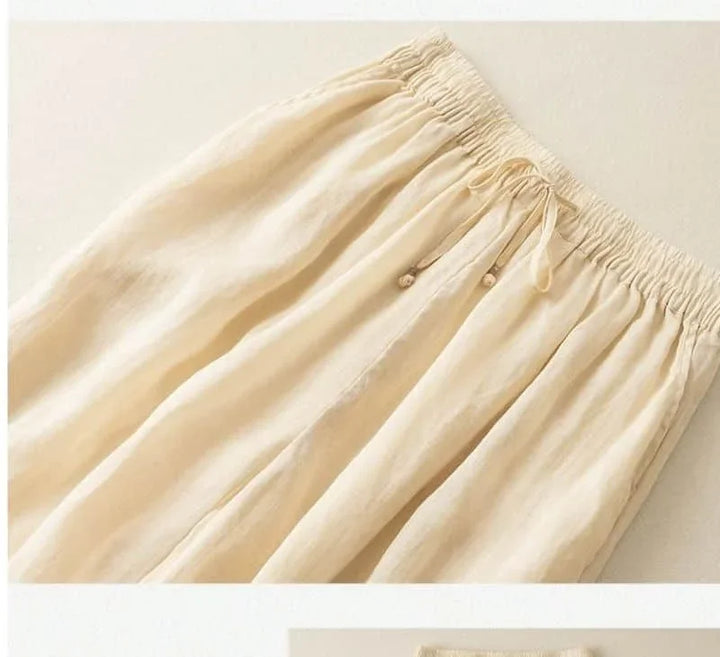 Linen Pants with Elastic Drawstring Waist and Billowed Leg Silhouette in Khaki Cotton-Linen Blend