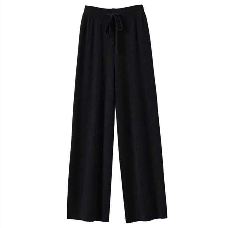 Wide-Leg Merino Wool Trousers with High-Waist Elastic Drawstring Waistband