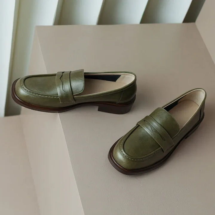Round Toe Leather Loafers with Cushioned Support and Stacked Heel in Olive