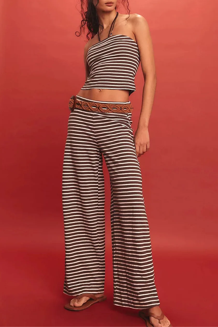 Striped Cotton-Linen Two-Piece Set with Fitted Bandeau Top and Relaxed Wide-Leg Pants