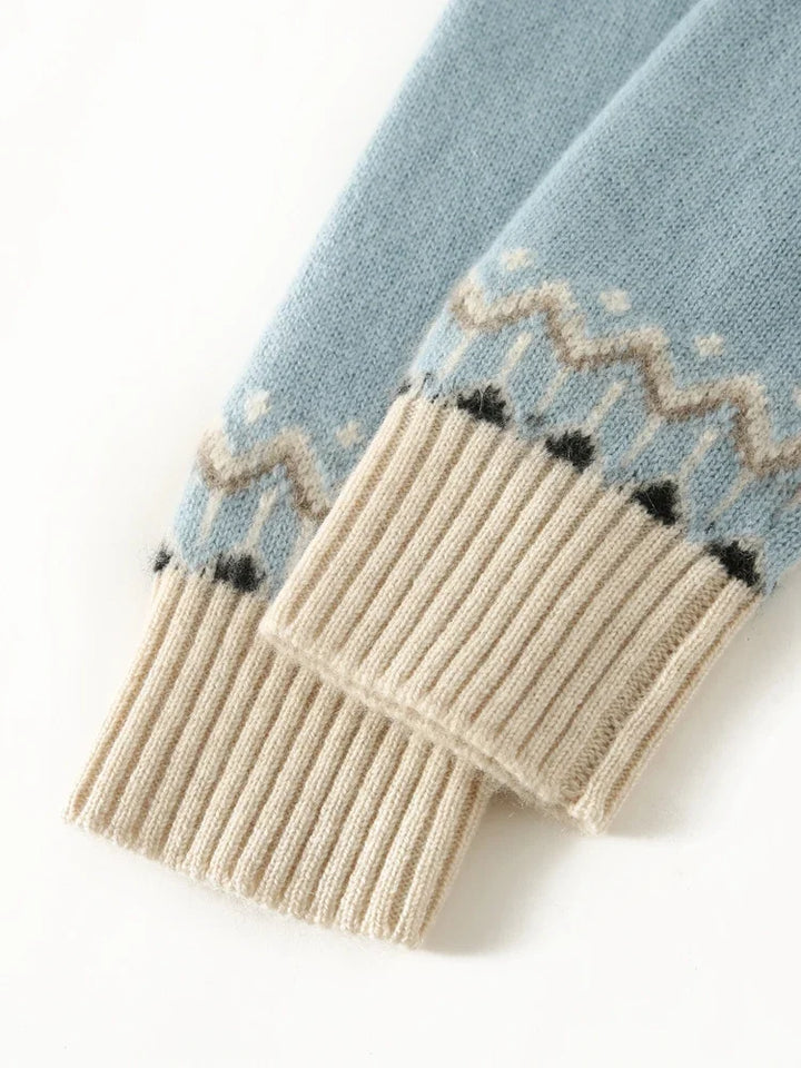 Fair Isle Jacquard Mock Neck Sweater in Cashmere-Soft Knit, Camel Colorway