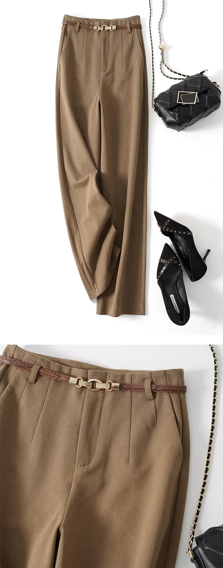 Wide Leg Wool Blend Trousers with High-Waist Fit, Tailored Crease, and Matching Belt