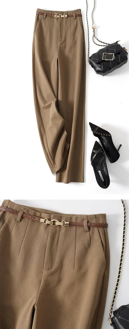 Wide Leg Wool Blend Trousers with High-Waist Fit, Tailored Crease, and Matching Belt