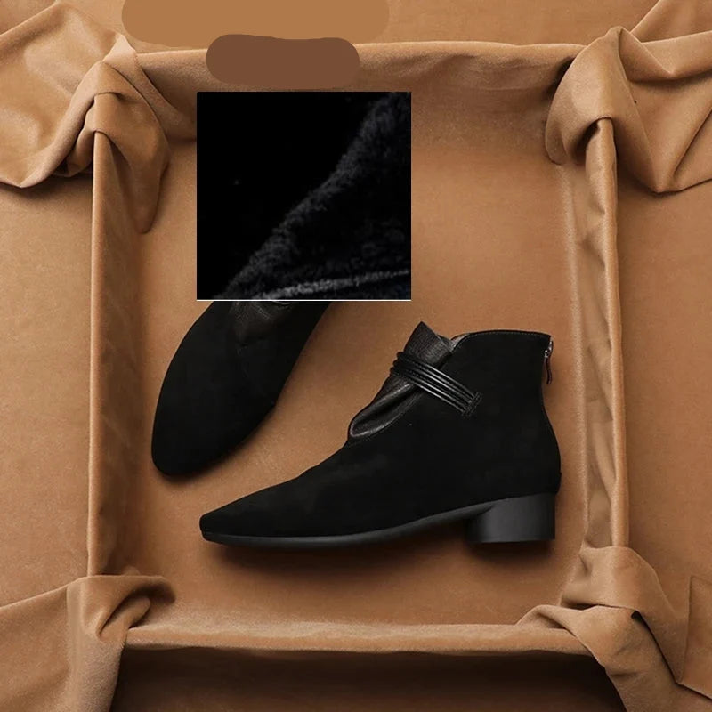 Suede Ankle Boots with Pointed Toe, Side Zip and Low Heel, Women's Vivienne