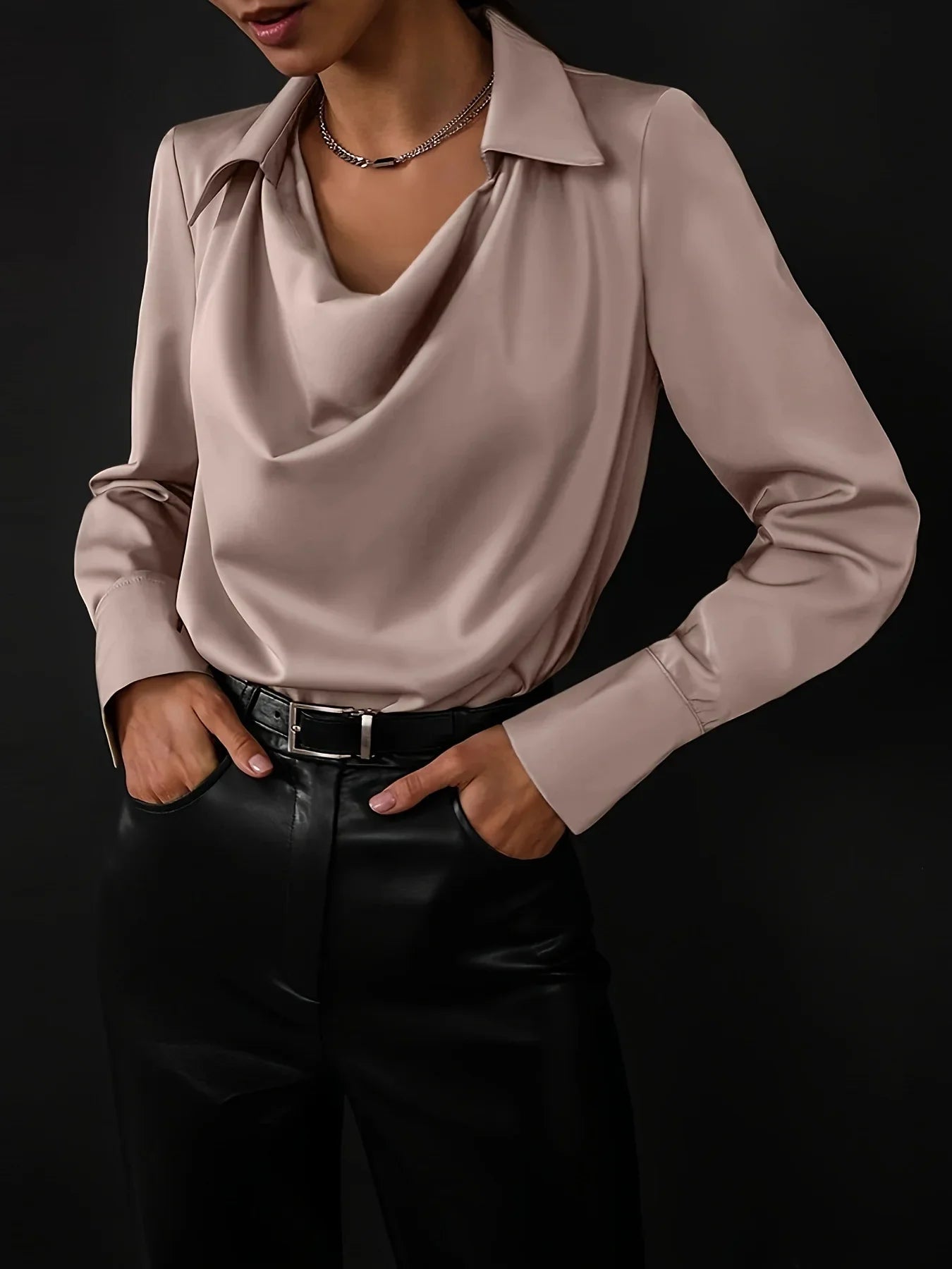 Long Sleeve Blouse with Draped Cowl Neckline, Silk-Blend Satin Finish and Button Cuffs