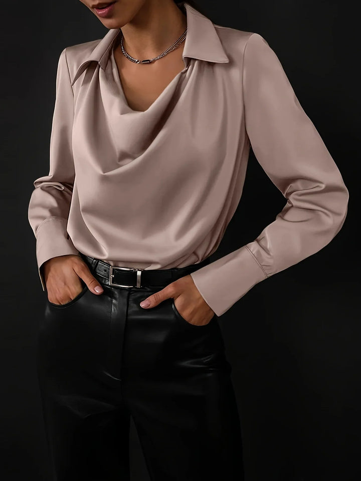 Long Sleeve Blouse with Draped Cowl Neckline, Silk-Blend Satin Finish and Button Cuffs