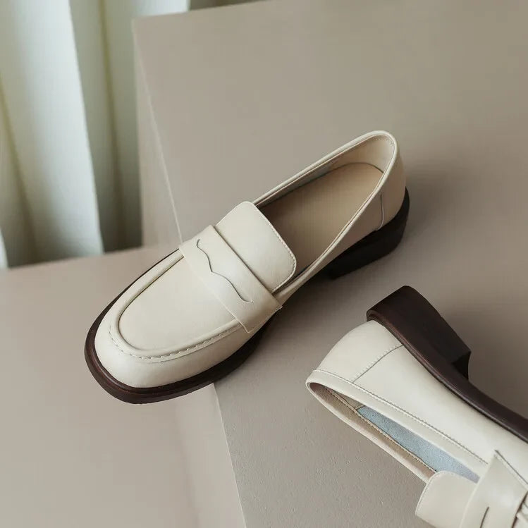 Round Toe Leather Loafers with Cushioned Support and Stacked Heel in Olive