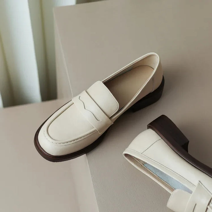 Round Toe Leather Loafers with Cushioned Support and Stacked Heel in Olive