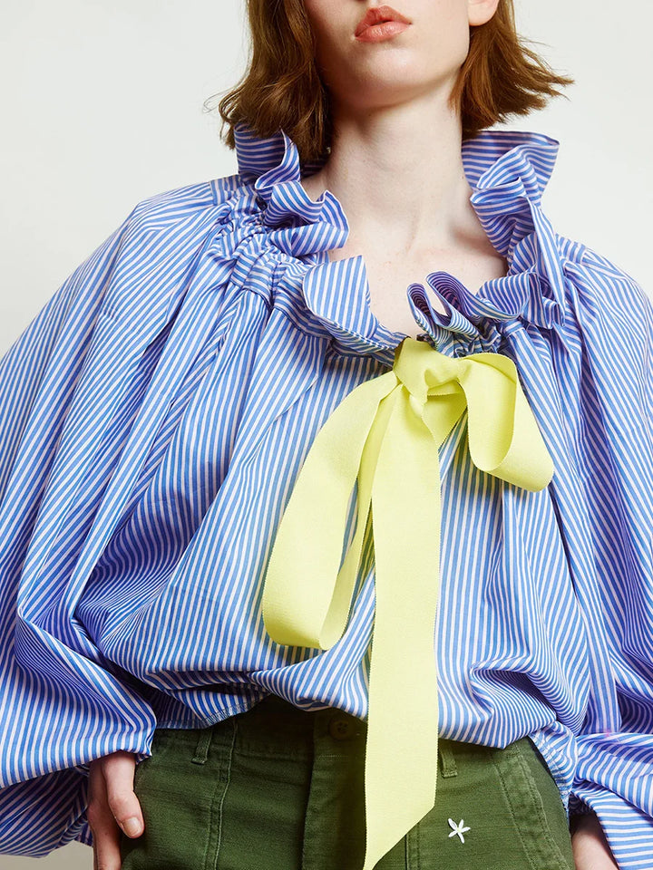 Ruffled Collar Blouse with Oversized Bow Tie and Lantern Sleeves, Checkered Print