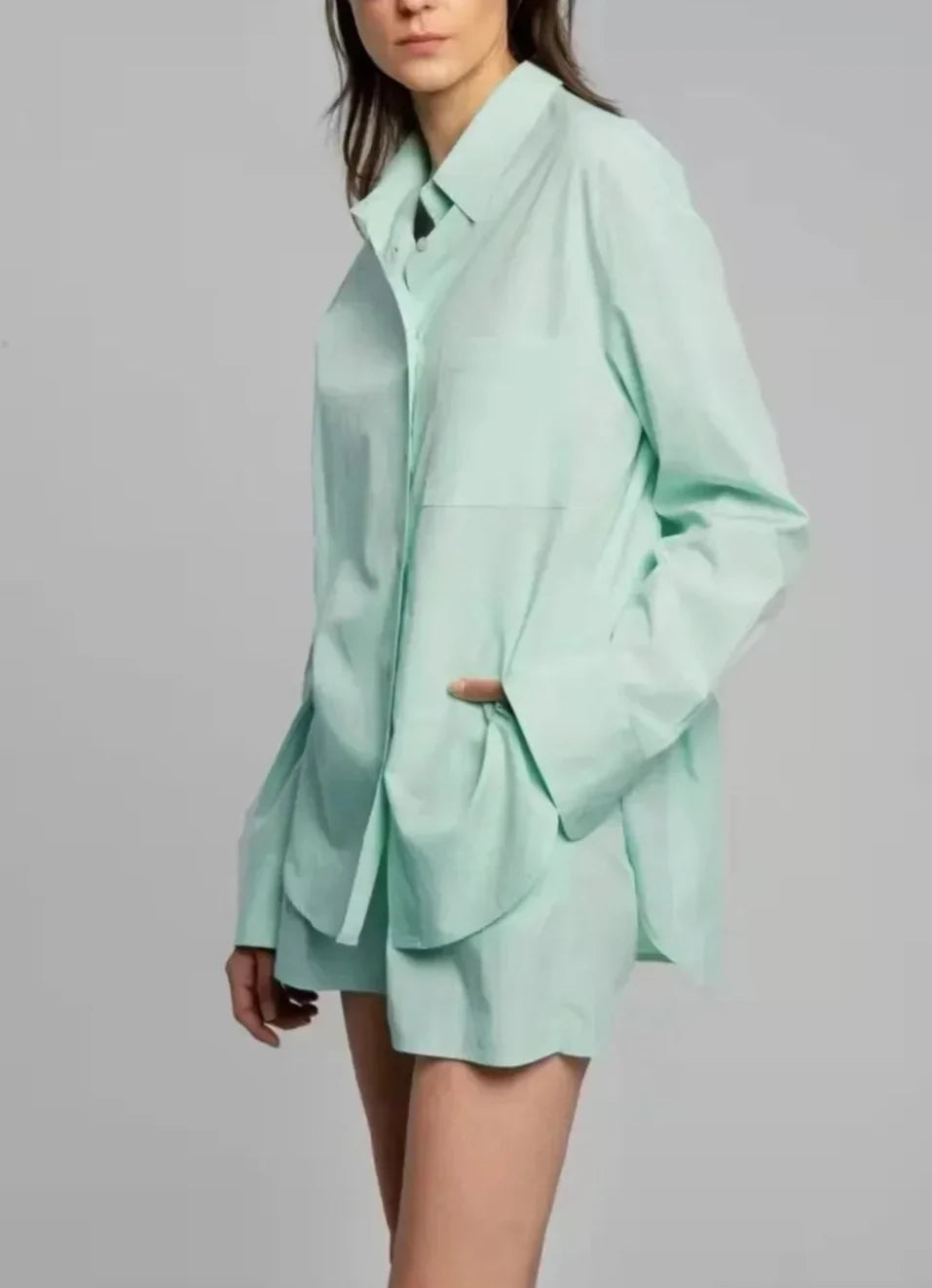 Cotton Poplin Two-Piece Set with Oversized Button-Down Shirt and Matching Shorts in Brown