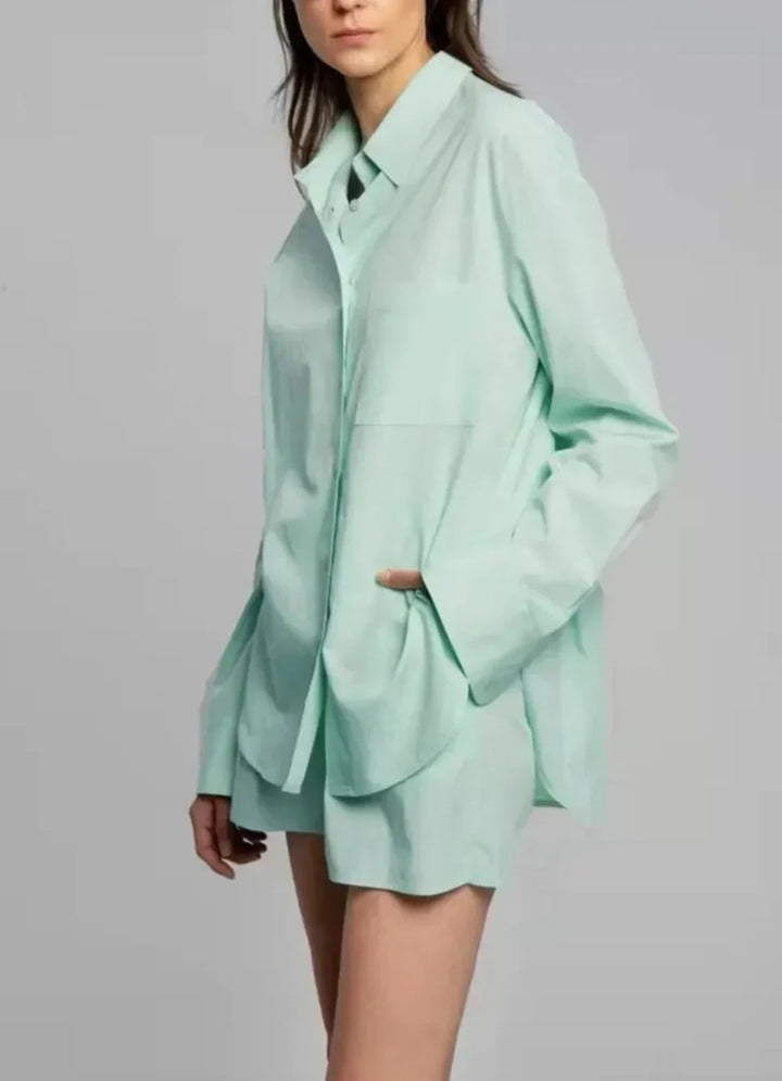 Cotton Poplin Two-Piece Set with Oversized Button-Down Shirt and Matching Shorts in Brown