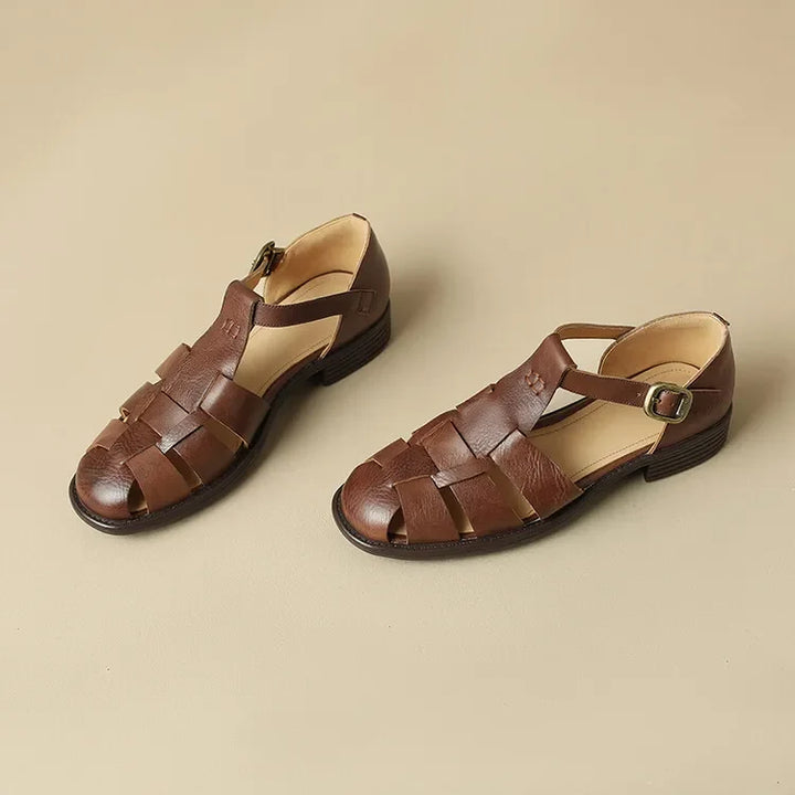 Handwoven Leather Sandals with Adjustable T-Strap Buckle and Low Stacked Heel
