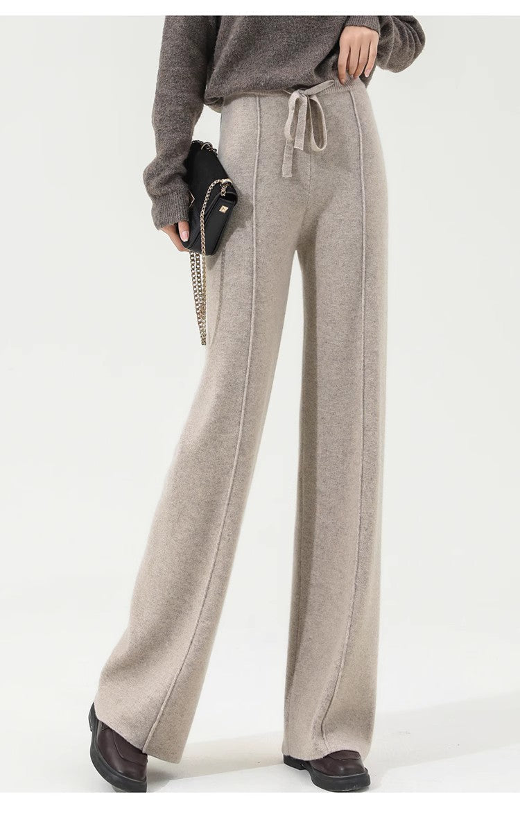 Wide-Leg Merino Wool Trousers with High-Waist Elastic Drawstring Waistband