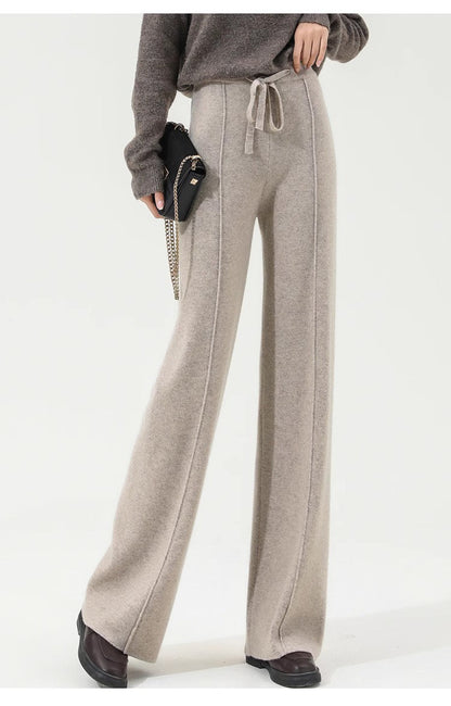 Wide-Leg Merino Wool Trousers with High-Waist Elastic Drawstring Waistband