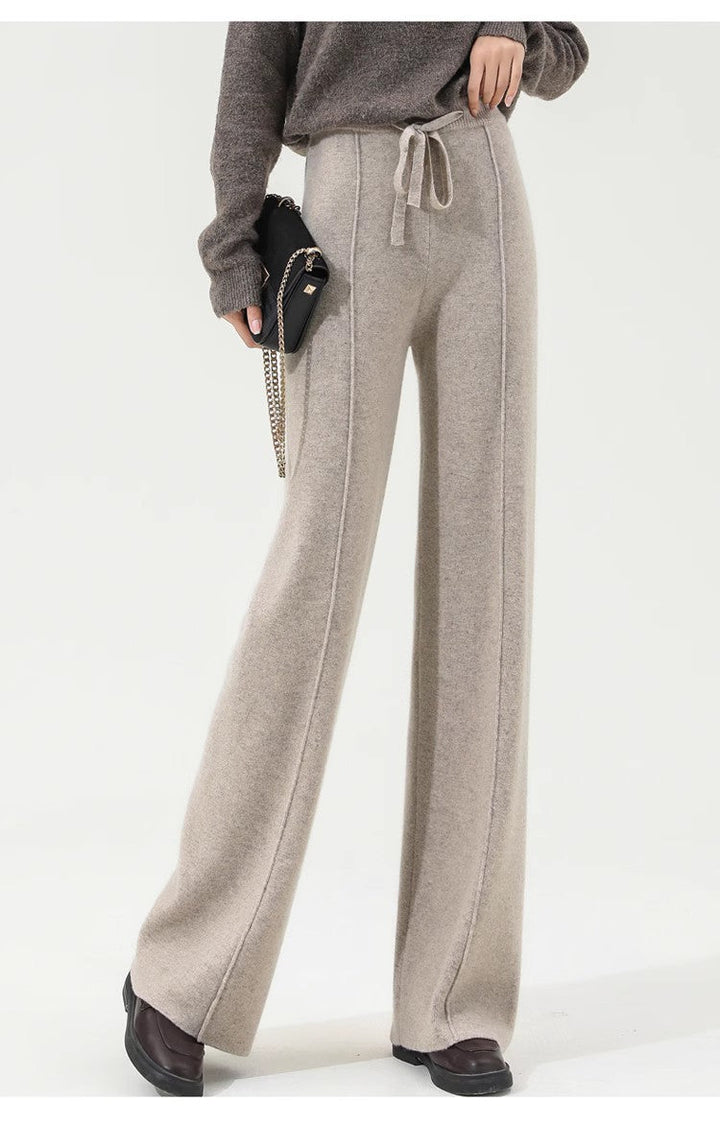 Wide-Leg Merino Wool Trousers with High-Waist Elastic Drawstring Waistband