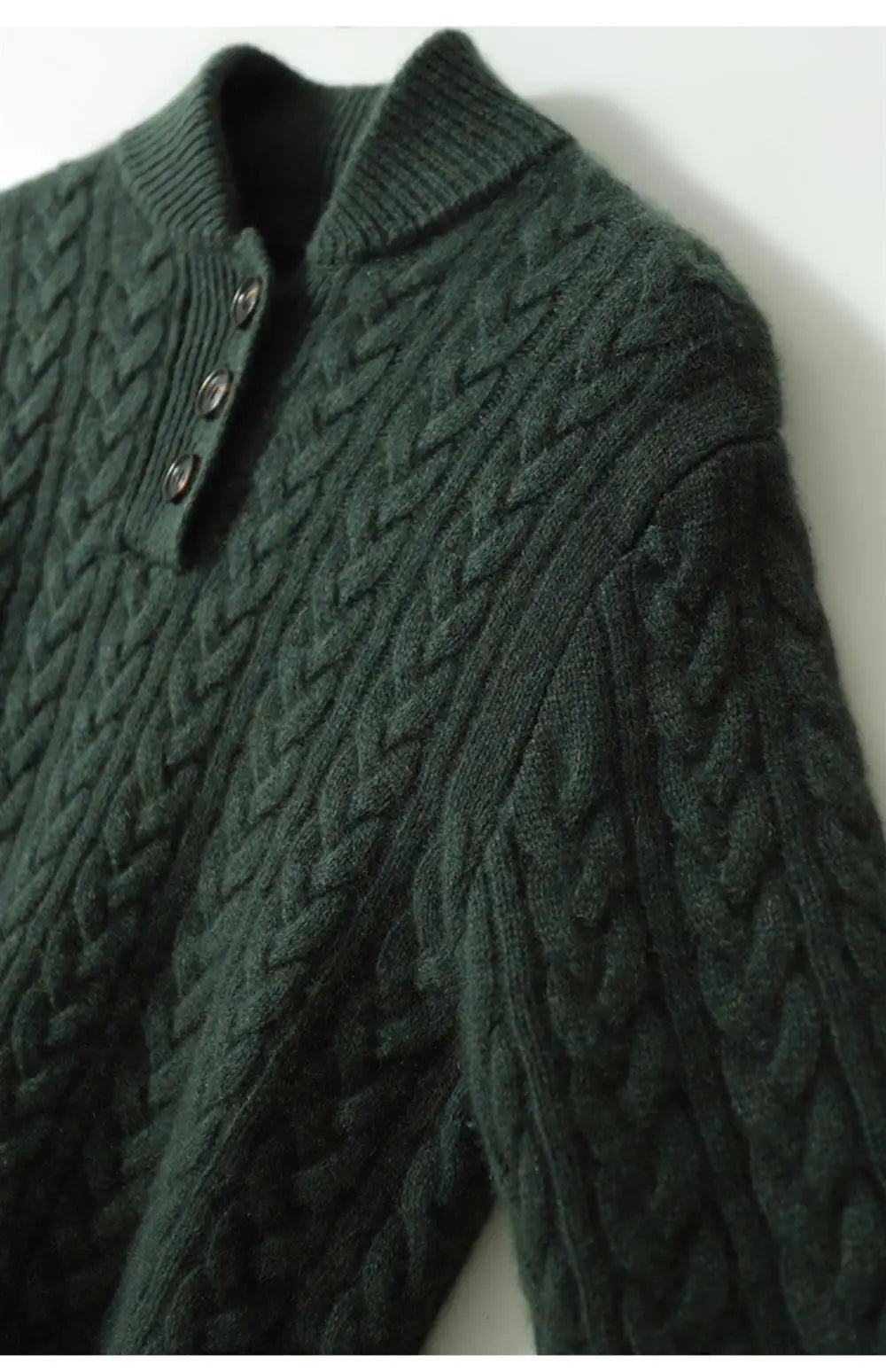 Cable-Knit Sweater with Cashmere Blend, Button-Up Stand Collar and Snug Fit