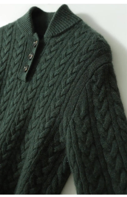 Cable-Knit Sweater with Cashmere Blend, Button-Up Stand Collar and Snug Fit