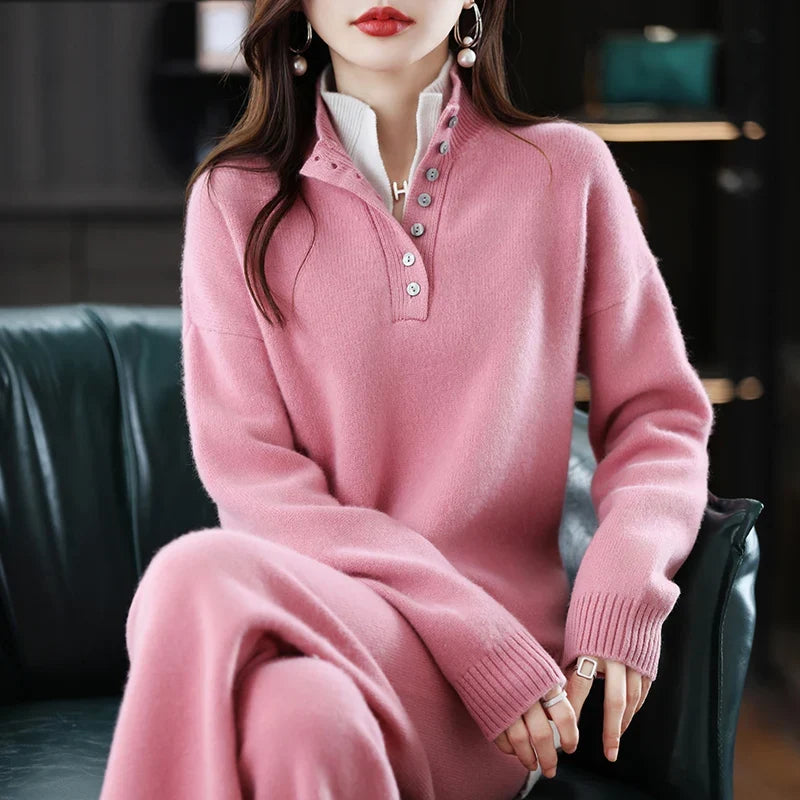 Cashmere Knit Set with Relaxed Pullover and Wide-Leg Trousers, Soft Green Two-Piece Loungewear
