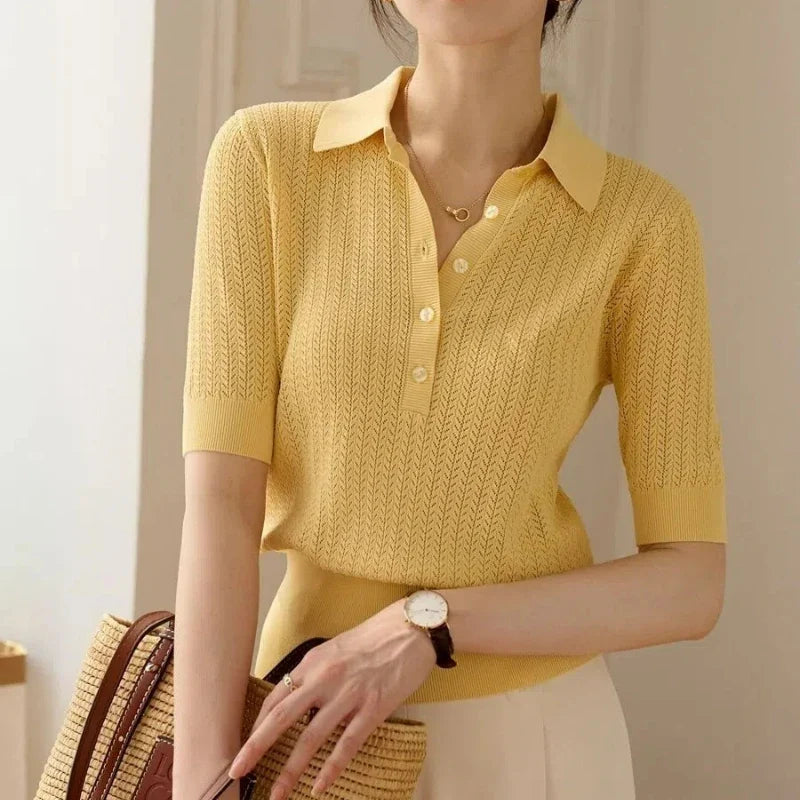 Ribbed Knit Polo Blouse with Button Collar and Breathable Stretch Fabric in Yellow