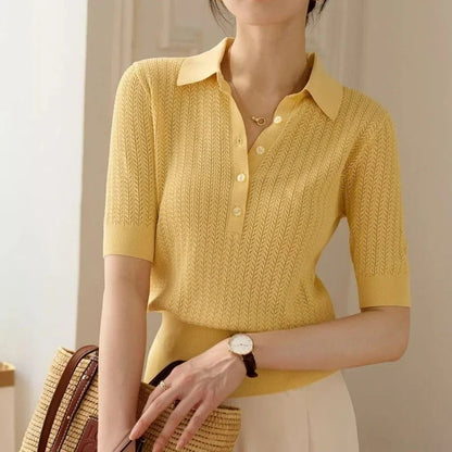 Ribbed Knit Polo Blouse with Button Collar and Breathable Stretch Fabric in Yellow