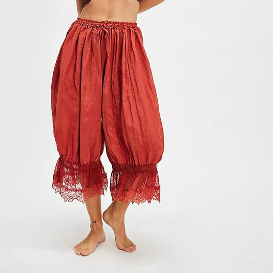 Lantern Pants with Ruffled Lace Cuffs and High-Rise Stretch Waistband in Cotton Blend