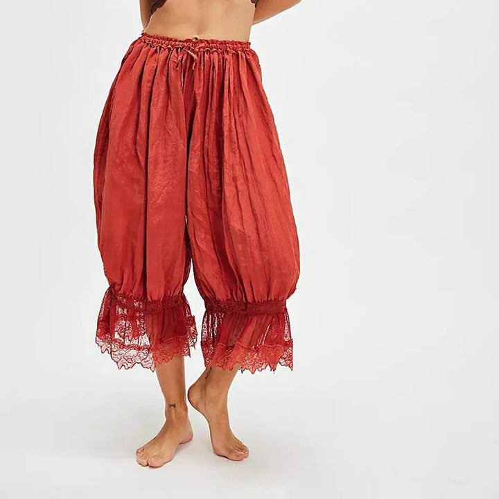 Lantern Pants with Ruffled Lace Cuffs and High-Rise Stretch Waistband in Cotton Blend