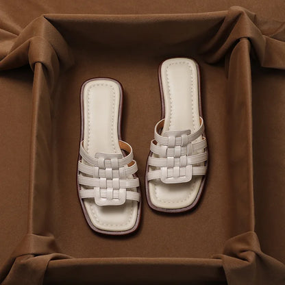 Woven Slides with Cushioned Footbed, Square Open Toe and Slight Heel Lift