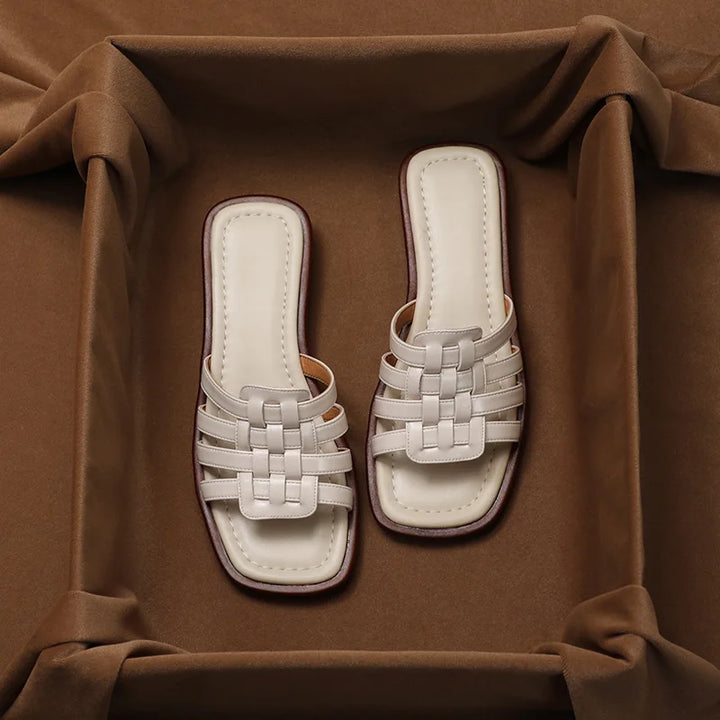 Woven Slides with Cushioned Footbed, Square Open Toe and Slight Heel Lift