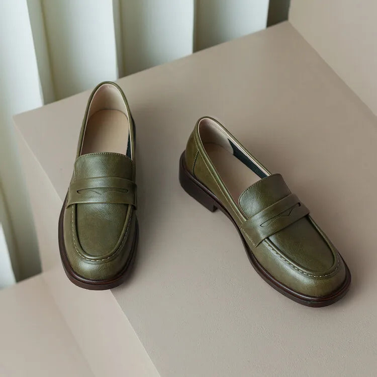 Round Toe Leather Loafers with Cushioned Support and Stacked Heel in Olive