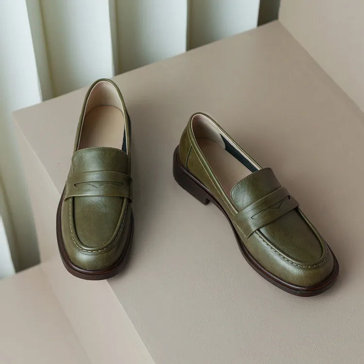 Round Toe Leather Loafers with Cushioned Support and Stacked Heel in Olive