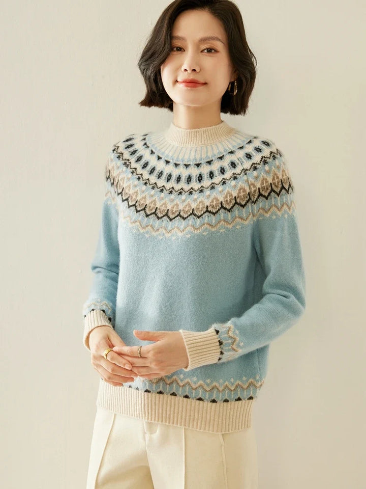 Fair Isle Jacquard Mock Neck Sweater in Cashmere-Soft Knit, Camel Colorway