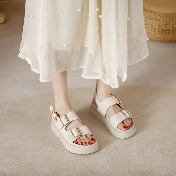 Platform Sandal in Ivory Vegan Leather with Double Buckle Straps and Built-In Supportive Insole