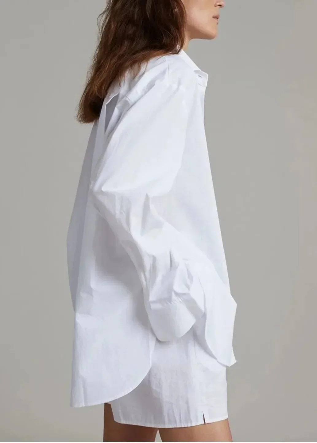 Cotton Poplin Two-Piece Set with Oversized Button-Down Shirt and Matching Shorts in Brown