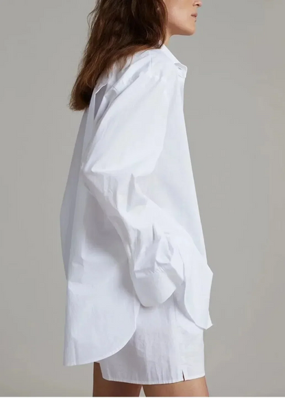 Cotton Poplin Two-Piece Set with Oversized Button-Down Shirt and Matching Shorts in Brown